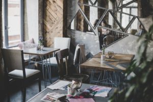 Restaurant with wood walls and tables